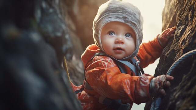 Wrapped in climbing-themed attire, a baby reaches out playfully