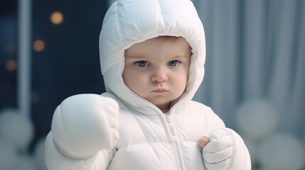 Dressed in boxing gloves, a baby poses with a plush punching bag