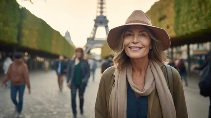 Fotobehang Elegant Parisian Portrait: A Stylish Woman Over 50, Adorned with a Hat, Gracefully Poses Against the Iconic Eiffel Tower Backdrop in Paris, France. © Ai Studio