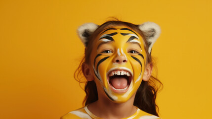Tiger Roars of Laughter: A Joyful Child with a Tiger-Painted Face Radiates Happiness Against a Vibrant Yellow Background.