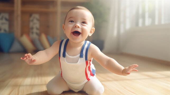A baby wears a gymnastics outfit and poses playfully