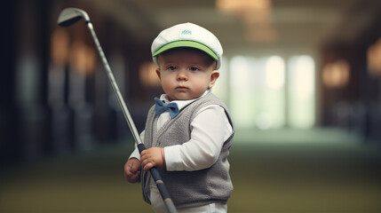 A baby in golf attire poses with a soft golf club, embodying the charm of future golfing adventures
