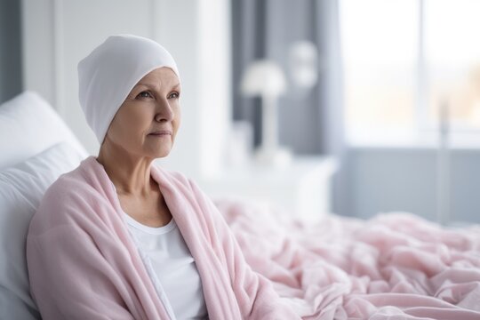 Portrait of a happy, elderly woman in a headscarf for cancer patients, recovering from illness.