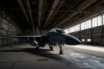 A fighter jet in a hangar with available space. Generative AI