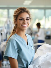 Fototapeta premium young beautiful nurse and stands in the corridor of the hospital. Medicine concept