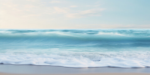 Ocean waves crashing on sandy beach. Panoramic beach landscape. Tropical beach surf.