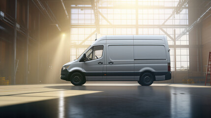 Warehouse Transport Solutions: A Side View of a Commercial White Van Parked in a Warehouse, Ideal for Promoting Logistics Services.