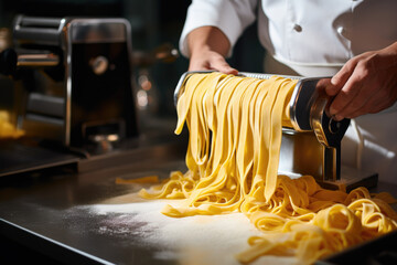 Chef making fresh tagliatelle with a traditional pasta machine - obrazy, fototapety, plakaty