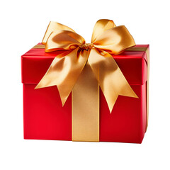 Red gift box with gold ribbon and bow on transparent background.