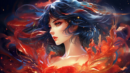 Hand drawn anime illustration of beautiful girl in flames
 - obrazy, fototapety, plakaty