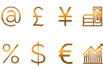 Finance and Business icons set, symbols of Dollar, Euro, Yen, Pound, Progress, Gold, Percentage, Business, money, finance, banking concept, Money management related icon set 