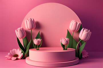 illustration of pink podium with flower tulips mother day concept.