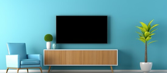 armchair in modern living room with blue wall background and cabinet TV