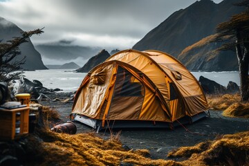 A tent perched on a rocky cliff offers an unbeatable view