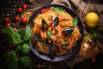 Fresh Spaghetti pasta with seafood on the plate close up, top view - obrazy, fototapety, plakaty