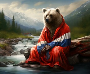 brown bear in a coat in Russian flag colors: red, white, and blue sitting on the rocky coast of the beautiful mountain stream - obrazy, fototapety, plakaty