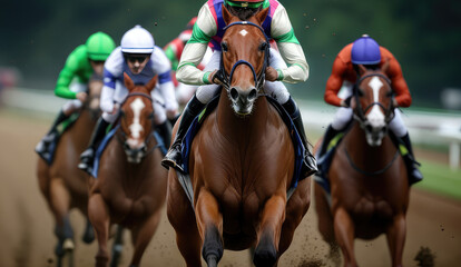 Many horses and their jockeys are competing on the racetrack, exciting horse racing concept.  - obrazy, fototapety, plakaty
