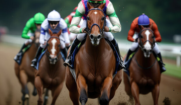 Many horses and their jockeys are competing on the racetrack, exciting horse racing concept. 