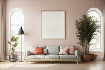 mockup frame in living room with sofa. vertical frame mockup