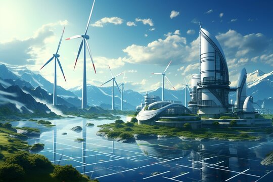 An image of eco-friendly electricity production using clean solar panels and wind turbines. Generative AI