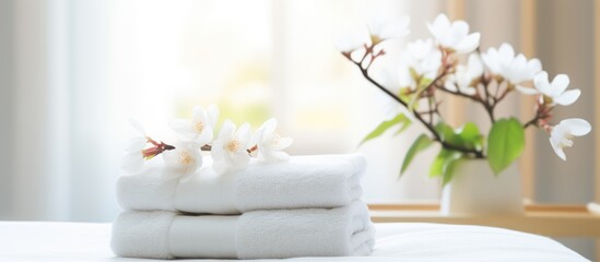 Fototapeta na wymiar Blurred bedroom interior with spa towels and flowers