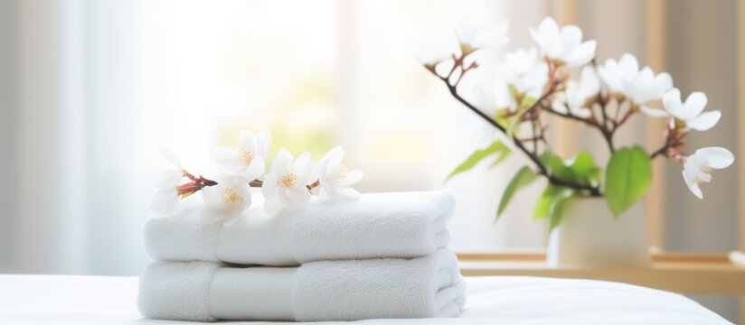 Blurred bedroom interior with spa towels and flowers