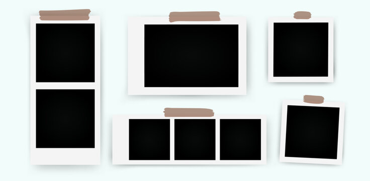 Set of photo frame mockups. Photo album template. Empty image for memory. Blank realistic postcard.