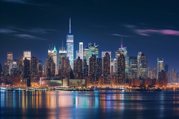 Fototapeta na wymiar Nighttime view of New York City skyline from New Jersey, showcasing Hudson Yards and Manhattan's midtown. Startup, business model, hologram. Generative AI