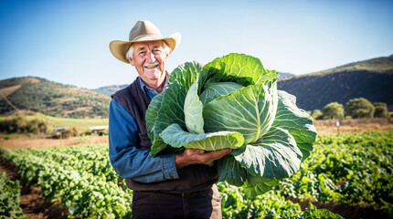 Old man holding a cabbage, farmer in a field, regenerative organic agriculture