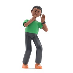 3D illustration of afro man David in an eavesdropping posture. 3d image.3D rendering on white background.
