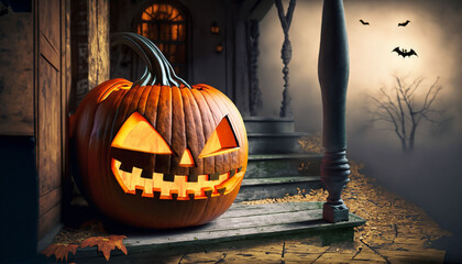 Halloween Pumpkin in front of an old house in a dark scenery - 659009707