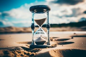 An hourglass on a sandy beach, capturing the fleeting nature of time - obrazy, fototapety, plakaty