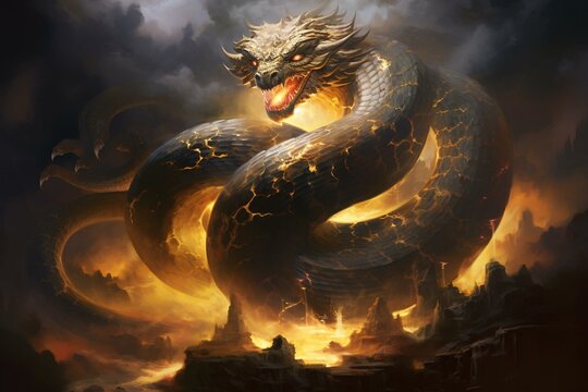 A majestic serpent of immense power and spirituality, representing awakening and magic in a mystical and legendary setting. Generative AI