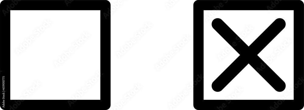 Poster checkbox selection choice icon set with empty blank box and box with x cross. vector image.