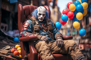 Close up of a horror clown sitting on chair with balloons around him