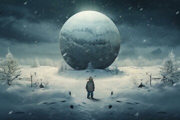a wintry scene with a planet in a hat surrounded by snow. Generative AI