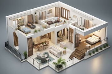 3D illustration of house layout with bedroom, living room, and hallway. Generative AI
