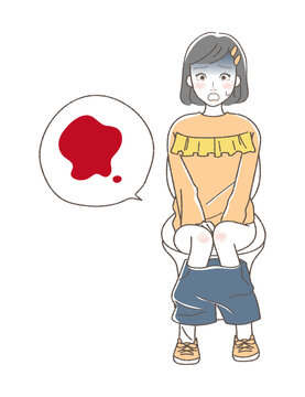 Illustration of a Girl Surprised by Menstruation in the Bathroom.