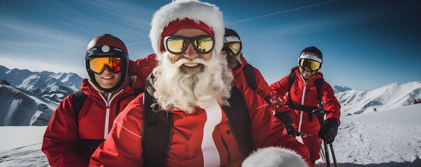 Group of friends wearing santa claus clothes and having fun while skiing in mountains. Group of friends having fun in the snow on a sunny day. - obrazy, fototapety, plakaty