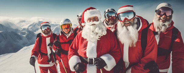 Group of friends wearing santa claus clothes and having fun while skiing in mountains