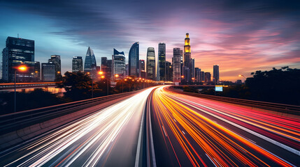Fototapeta premium Car light trails on the modern building background in shanghai china. Road in city with skyscrapers and car traffic light trails. Long exposure of evening rush hour with cars racing.