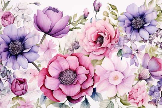 A background filled with beautiful flowers painted in watercolors. Generative AI