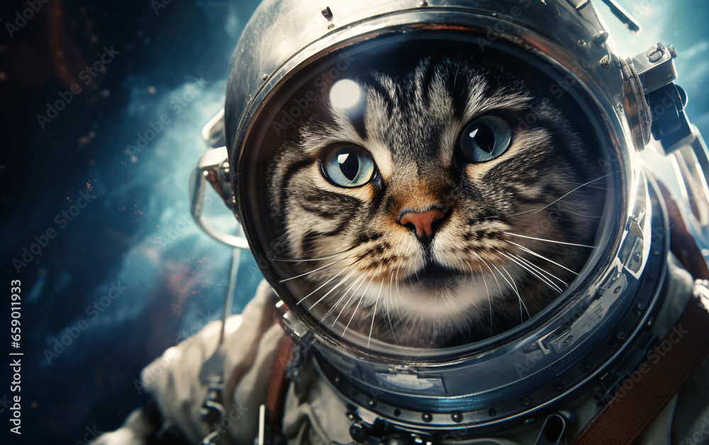 Wall mural cat astronaut in a spacesuit in outer space, travel in the universe concept