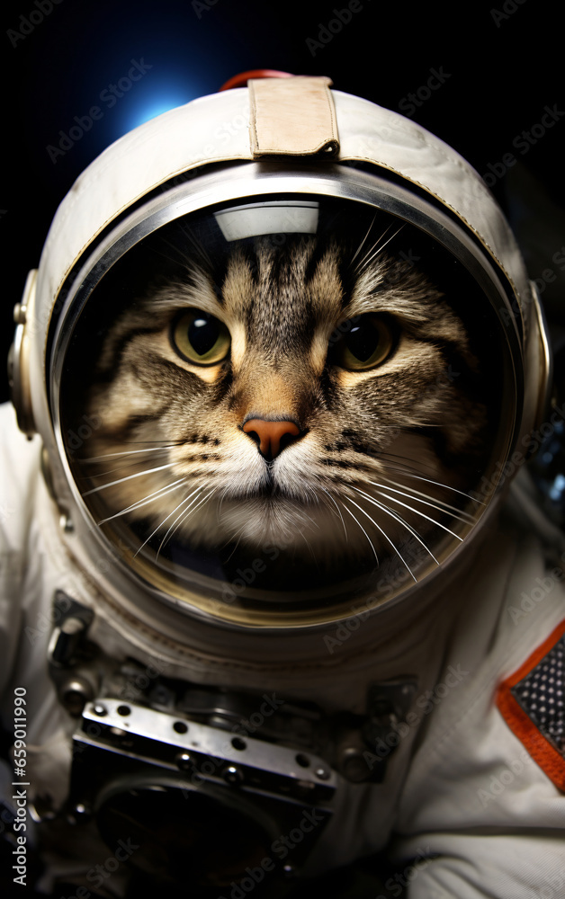 Wall mural cat astronaut in a spacesuit in outer space travels across the expanses of the universe