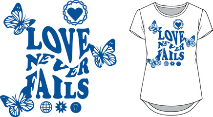 Love never fails typography t-shirt design illustration. In navy blue. - obrazy, fototapety, plakaty