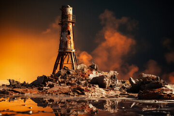 Collapsed factory chimney isolated on a gradient rust-colored background 