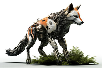 Futuristic robotic fox exploring a dense forest terrain isolated on a white background 