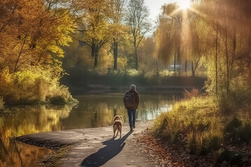 Handsome man walking his dog in the autumn park.