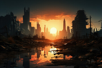 Fototapeta na wymiar Post-apocalyptic city skyline ruins isolated on a gradient dawn background 