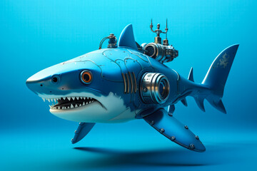 Fototapeta premium Robot shark exploring underwater depths isolated on a blue gradient background 